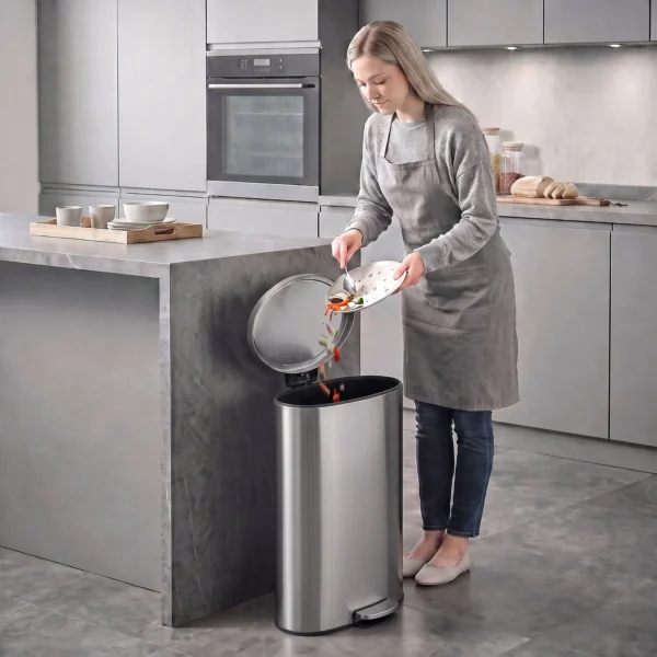Prullenbak Met Soft Close Deksel Pedaalemmer Met Uitneembare Binnenemmer 30L Zilver