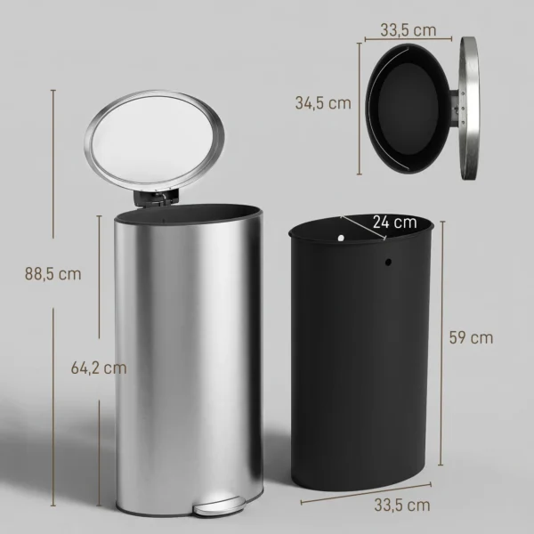 Prullenbak Met Soft Close Deksel Pedaalemmer Met Uitneembare Binnenemmer 30L Zilver
