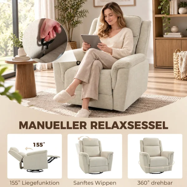 Relaxstoel Met Ligfunctie En Schommelfunctie TV stoel Met Voetensteun In Crèmewit