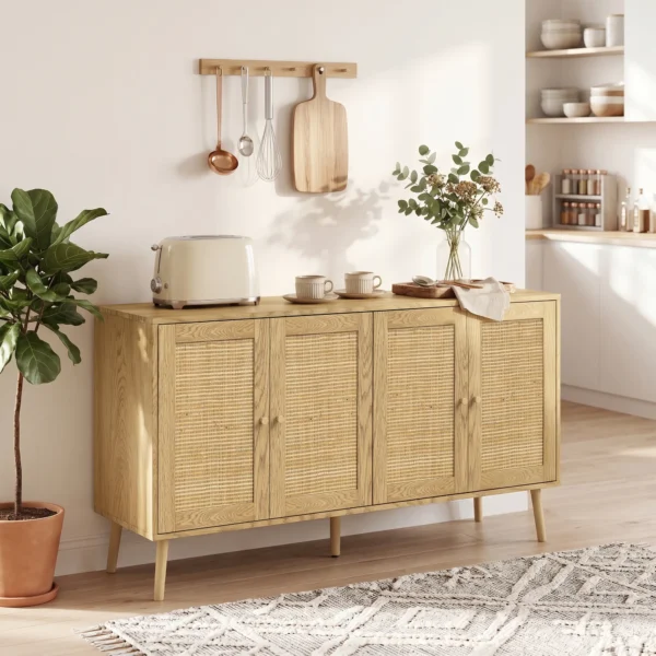 Rieten Dressoir Met 4 Deuren, Boho Keukenbuffet Met 2 Verstelbare Planken, Natuurlijke Houtlook
