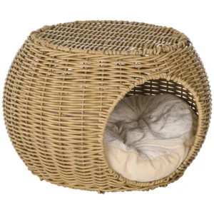 Rieten Kattenmand Met Twee Verdiepingen, Kattenbed, Kattenmandje Met Kussen, Voordeur Voor Katten Onder 3,5 Kg Ø40 X 30 Cm