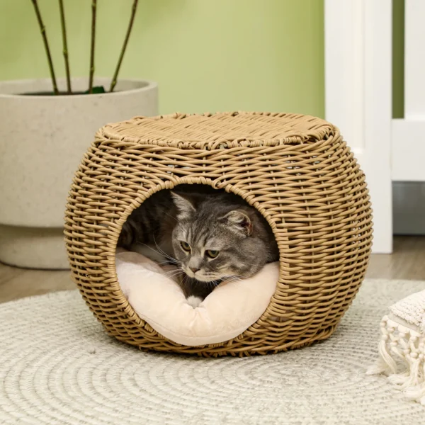 Rieten Kattenmand Met Twee Verdiepingen, Kattenbed, Kattenmandje Met Kussen, Voordeur Voor Katten Onder 3,5 Kg Ø40 X 30 Cm
