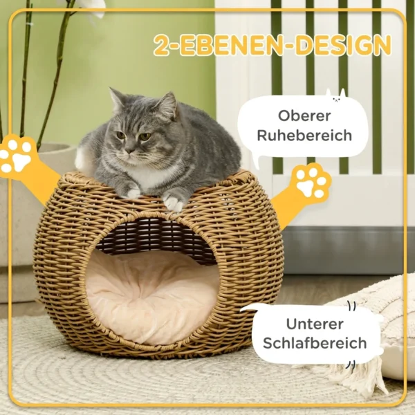 Rieten Kattenmand Met Twee Verdiepingen, Kattenbed, Kattenmandje Met Kussen, Voordeur Voor Katten Onder 3,5 Kg Ø40 X 30 Cm