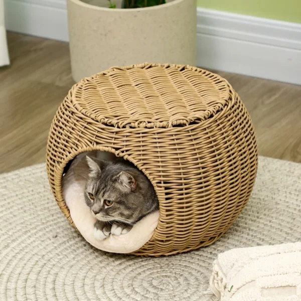 Rieten Kattenmand Met Twee Verdiepingen, Kattenbed, Kattenmandje Met Kussen, Voordeur Voor Katten Onder 3,5 Kg Ø40 X 30 Cm