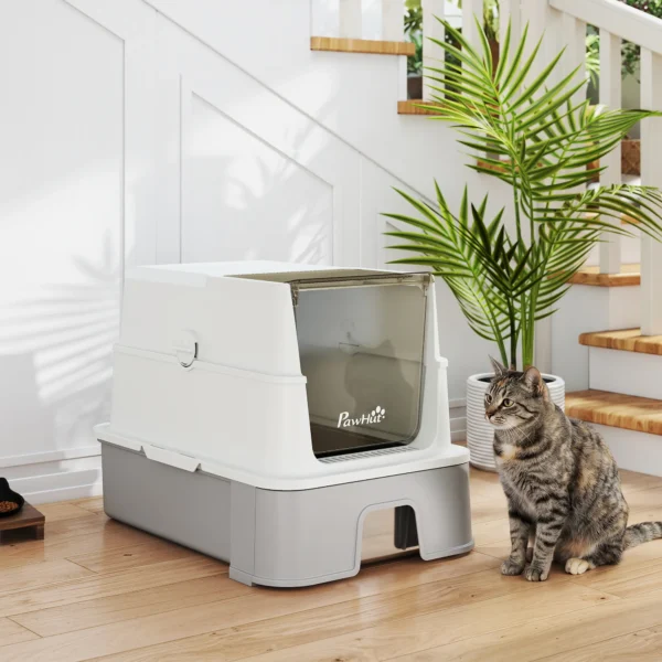 Roestvrijstalen Kattenbak Met Deksel, XL Kattenbak Met Schep, Uittrekbare Bak, Hoge Zijkanten, Makkelijk Schoon Te Maken, Grijs