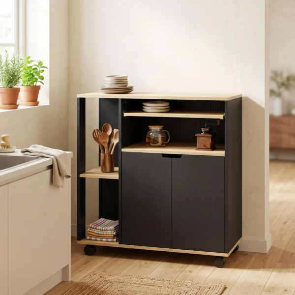 Rollende Keukenwagen Met Opbergruimte, Kast, Verstelbare Planken, Voor Keuken, Woonkamer, Eetkamer, Zwart