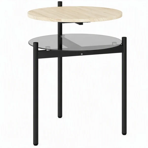 Rond Bijzettafeltje Met Open Glazen Plank Voor Kleine Ruimtes, Woonkamer, Slaapkamer, 41,8 X 39,8 X 53,5 Cm, Eiken