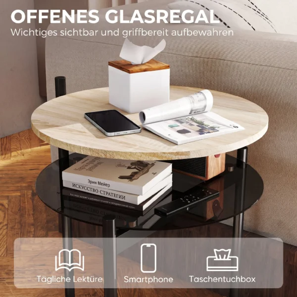 Rond Bijzettafeltje Met Open Glazen Plank Voor Kleine Ruimtes, Woonkamer, Slaapkamer, 41,8 X 39,8 X 53,5 Cm, Eiken