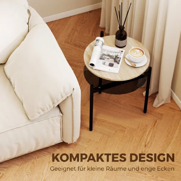 Rond Bijzettafeltje Met Open Glazen Plank Voor Kleine Ruimtes, Woonkamer, Slaapkamer, 41,8 X 39,8 X 53,5 Cm, Eiken