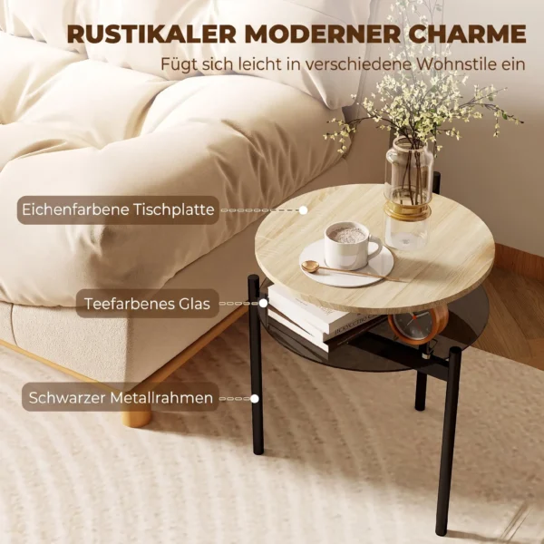 Rond Bijzettafeltje Met Open Glazen Plank Voor Kleine Ruimtes, Woonkamer, Slaapkamer, 41,8 X 39,8 X 53,5 Cm, Eiken