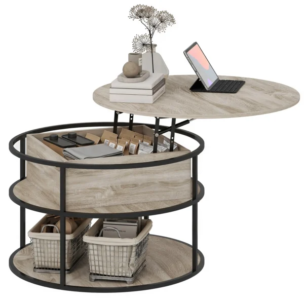 Rond Koffietafel Met Opklapbaar Tafelblad, Opbergruimte, Zijplanken, Stalen Frame, Salontafel, Eiken