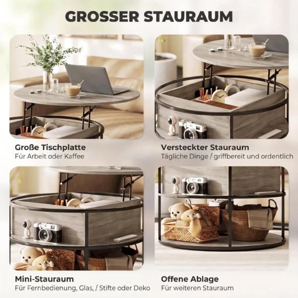 Rond Koffietafel Met Opklapbaar Tafelblad, Opbergruimte, Zijplanken, Stalen Frame, Salontafel, Eiken