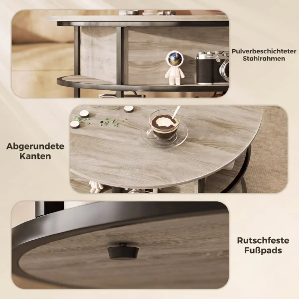 Rond Koffietafel Met Opklapbaar Tafelblad, Opbergruimte, Zijplanken, Stalen Frame, Salontafel, Eiken