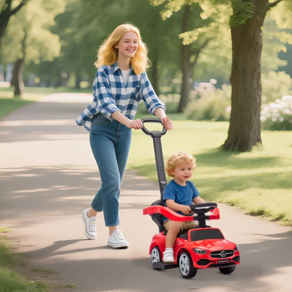 Rutschauto Met Duwstang 2 in 1 Glijvoertuig Met Afneembare Handgreep, Veiligheidsreling, Opbergruimte, Claxon & Stuurwiel