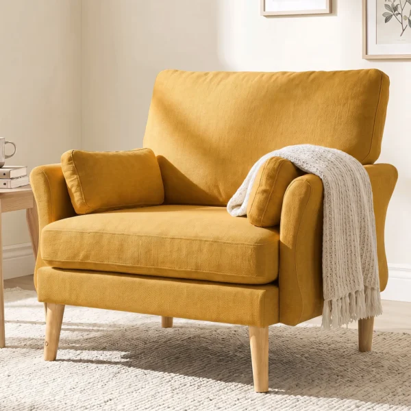Samtgepolsterde Fauteuil, Extra Grote Accentstoel Met Houten Poten, Leesstoel Voor Woon En Slaapkamer, Geel