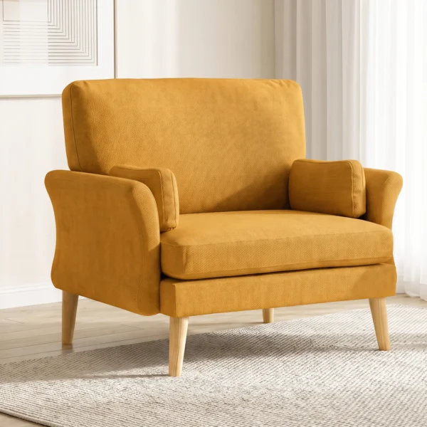 Samtgepolsterde Fauteuil, Extra Grote Accentstoel Met Houten Poten, Leesstoel Voor Woon En Slaapkamer, Geel