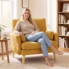 Samtgepolsterde Fauteuil, Extra Grote Accentstoel Met Houten Poten, Leesstoel Voor Woon En Slaapkamer, Geel