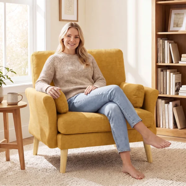 Samtgepolsterde Fauteuil, Extra Grote Accentstoel Met Houten Poten, Leesstoel Voor Woon En Slaapkamer, Geel