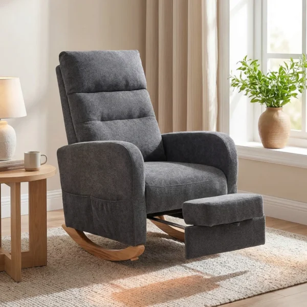 Schaukelstuhl Mit Ausziehbarer Fußstütze Als Ergonomischer Stillsessel Mit Hoher Rückenlehne In Grau