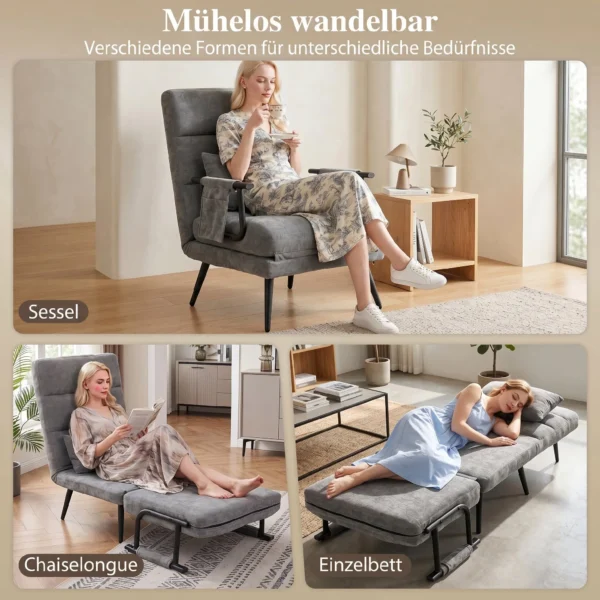 Schlafsessel 3 In 1 Opvouwbare Stoel Met Slaapfunctie, 186 X 60 Cm Schlafsessel Met 5 traps Verstelbare Rugleuning