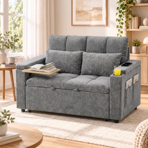Schlafsofa 2 Sitzer Mit Verstellbarer Rückenlehne Schlafcouch Mit 2 Kissen 136x190 Cm Grau