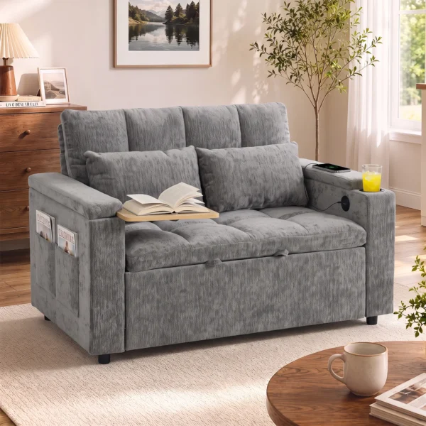 Schlafsofa 2 Sitzer Mit Verstellbarer Rückenlehne Schlafcouch Mit 2 Kissen 136x190 Cm Grau