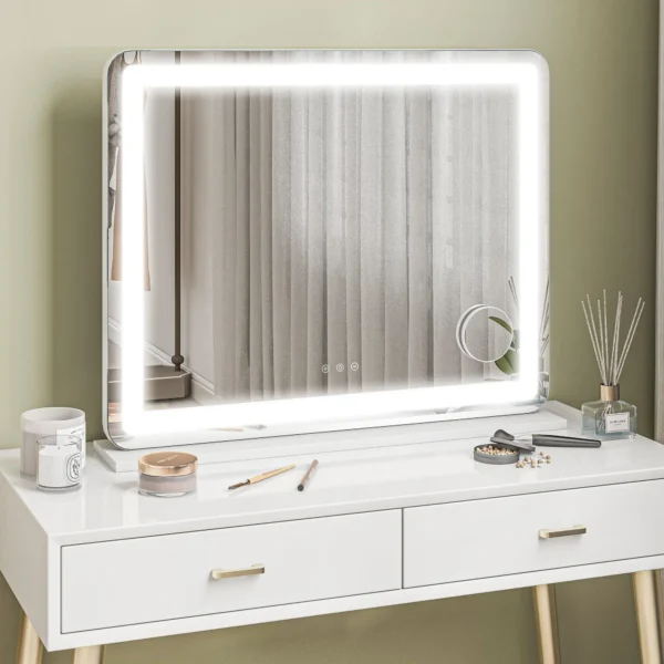 Schminkspiegel Met LED verlichting 80x60 Cm, Cosmetische Spiegel Met 3 Lichtkleuren, USB oplaadfunctie, 10X Vergroting