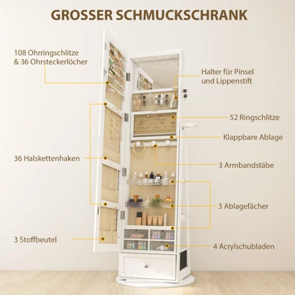Schmuckschrank Mit 360° Schwenkfuß, Beleuchtetem Innenspiegel