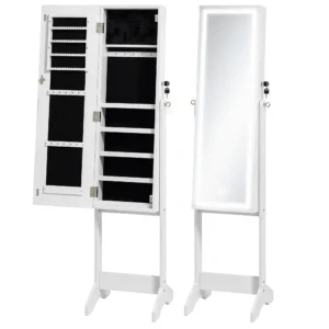 Schmuckschrank Mit Spiegel, LED Freistehend, Schmuck Spiegelschrank Mit Ganzkörperspiegel, 149 Cm, Weiß