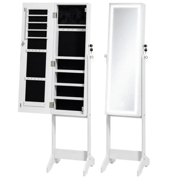 Schmuckschrank Mit Spiegel, LED Freistehend, Schmuck Spiegelschrank Mit Ganzkörperspiegel, 149 Cm, Weiß