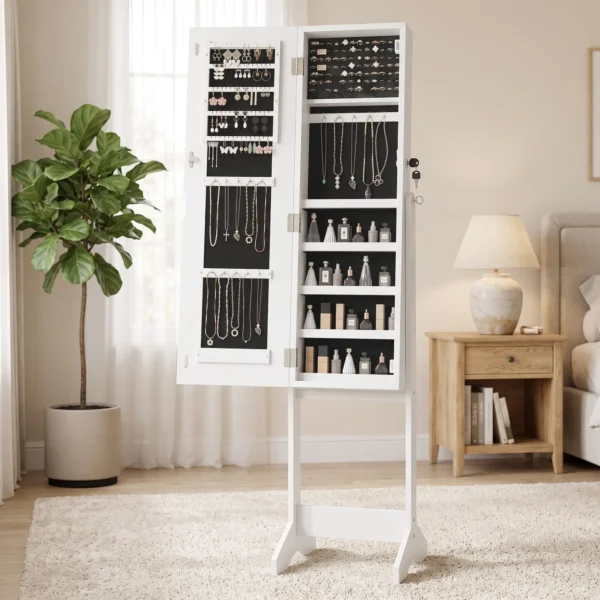 Schmuckschrank Mit Spiegel, LED Freistehend, Schmuck Spiegelschrank Mit Ganzkörperspiegel, 149 Cm, Weiß