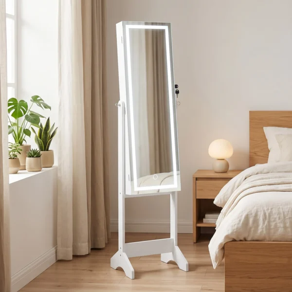 Schmuckschrank Mit Spiegel, LED Freistehend, Schmuck Spiegelschrank Mit Ganzkörperspiegel, 149 Cm, Weiß