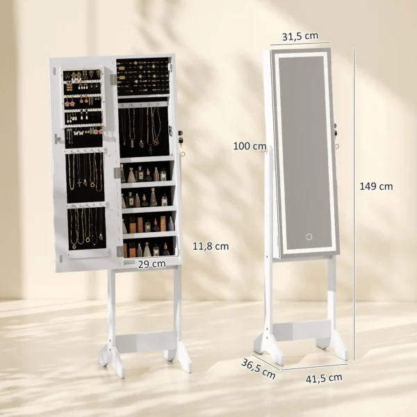 Schmuckschrank Mit Spiegel, LED Freistehend, Schmuck Spiegelschrank Mit Ganzkörperspiegel, 149 Cm, Weiß