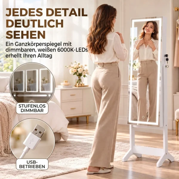 Schmuckschrank Mit Spiegel, LED Freistehend, Schmuck Spiegelschrank Mit Ganzkörperspiegel, 149 Cm, Weiß