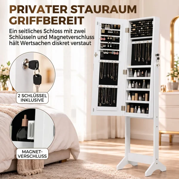 Schmuckschrank Mit Spiegel, LED Freistehend, Schmuck Spiegelschrank Mit Ganzkörperspiegel, 149 Cm, Weiß