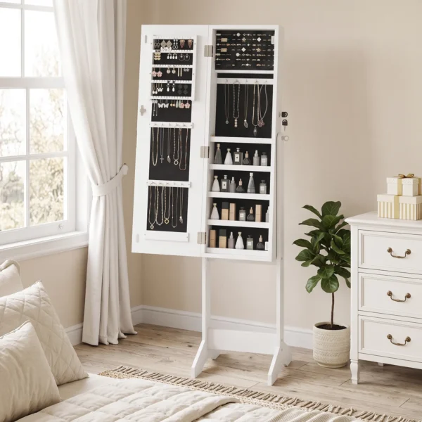 Schmuckschrank Mit Spiegel, LED Freistehend, Schmuck Spiegelschrank Mit Ganzkörperspiegel, 149 Cm, Weiß