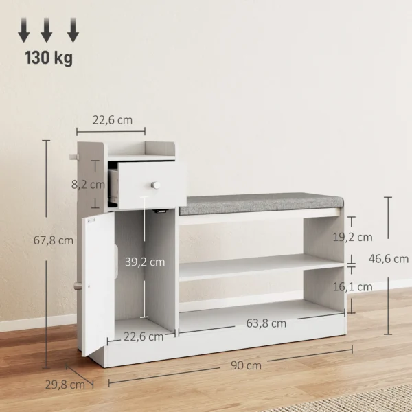 Schoenenbank Met Zitkussen, Lade En Open Opbergvakken, Gangbank 90x29,8x67,8cm Wit