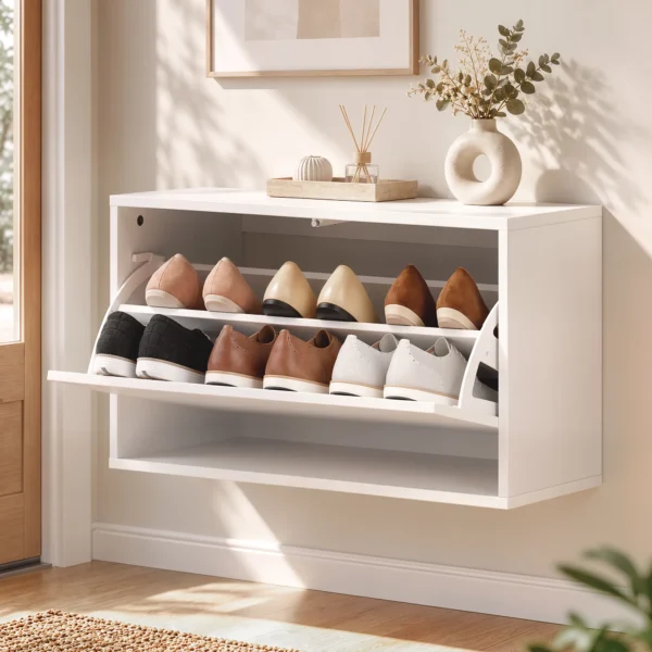 Schoenenkast Met 2 Kleppen, Hangende Schoenenkast Met Plank, Smal Schoenenrek Voor 6 Paar Schoenen 70 X 30 X 43 Cm, Wit