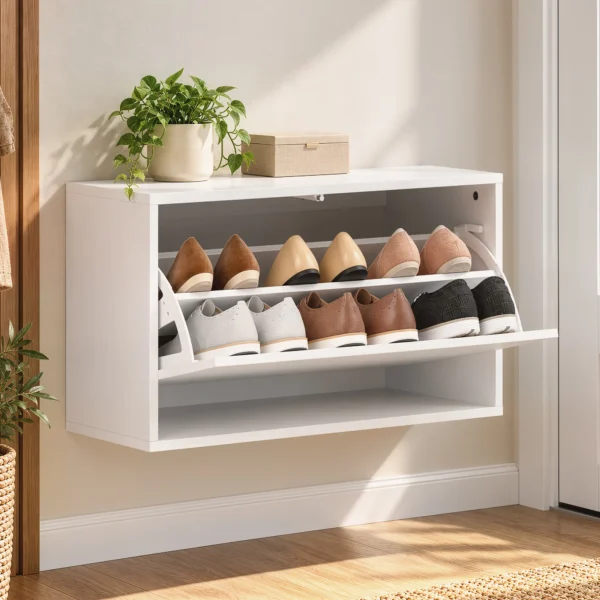 Schoenenkast Met 2 Kleppen, Hangende Schoenenkast Met Plank, Smal Schoenenrek Voor 6 Paar Schoenen 70 X 30 X 43 Cm, Wit