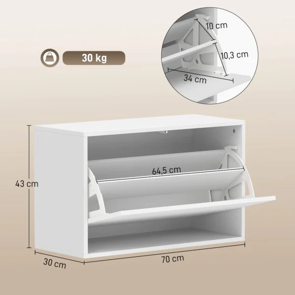 Schoenenkast Met 2 Kleppen, Hangende Schoenenkast Met Plank, Smal Schoenenrek Voor 6 Paar Schoenen 70 X 30 X 43 Cm, Wit