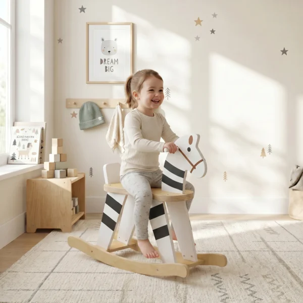 Schommelpaard, Kinder Schommeldier Met Handgrepen Rugleuning In Ponyvorm Voor Kinderen Van 1,5 3 Jaar Zwart+Wit