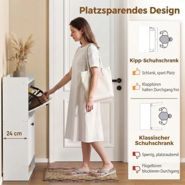 Schuhschrank Mit 2 Klappschubladen, Verstellbaren Trennwänden, Offenem Fach Und Oberer Ablage, Weiß
