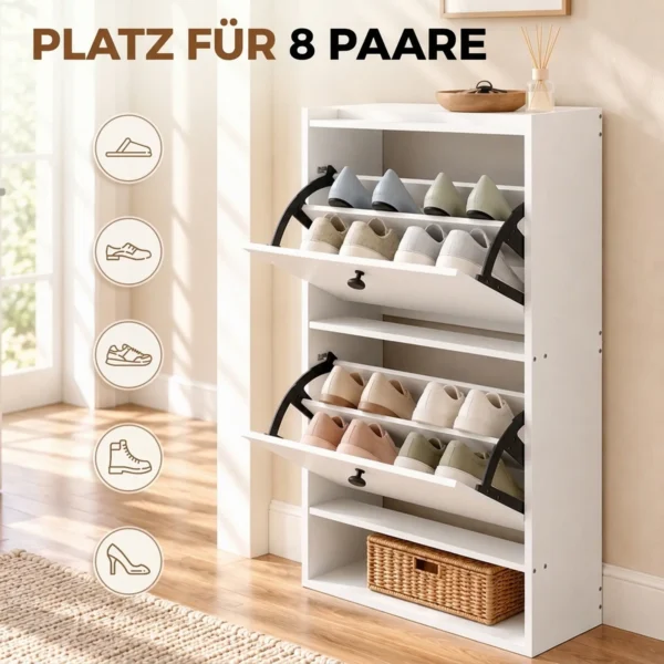 Schuhschrank Mit 2 Klappschubladen, Verstellbaren Trennwänden, Offenem Fach Und Oberer Ablage, Weiß