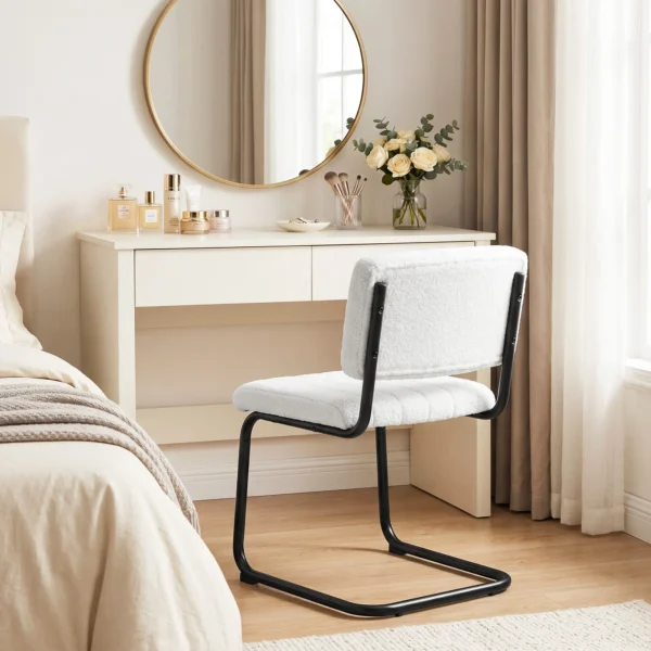 Set Van 2 Moderne Eetkamerstoelen, Vrijhangende Stoel Met Hoge Rugleuning, Teddyfleece look Voor Keuken, Eettafel Crème
