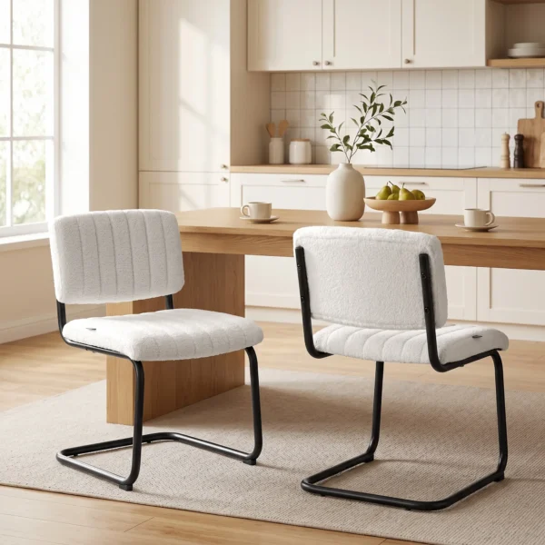 Set Van 2 Moderne Eetkamerstoelen, Vrijhangende Stoel Met Hoge Rugleuning, Teddyfleece look Voor Keuken, Eettafel Crème