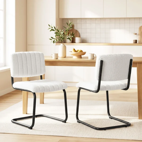 Set Van 2 Moderne Eetkamerstoelen, Vrijhangende Stoel Met Hoge Rugleuning, Teddyfleece look Voor Keuken, Eettafel Crème