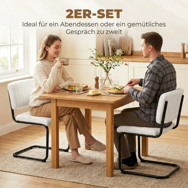 Set Van 2 Moderne Eetkamerstoelen, Vrijhangende Stoel Met Hoge Rugleuning, Teddyfleece look Voor Keuken, Eettafel Crème