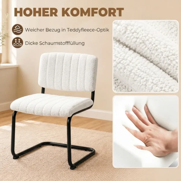 Set Van 2 Moderne Eetkamerstoelen, Vrijhangende Stoel Met Hoge Rugleuning, Teddyfleece look Voor Keuken, Eettafel Crème