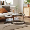 Set Van 2 Salontafels, Marmerlook, Spaanplaat, Metaal, Ronde Koffietafels Voor Woonkamer, Stapelbaar Grijs+Wit