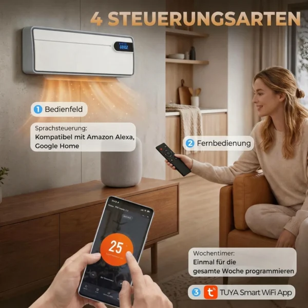 Slimme Elektrische Verwarming 2000 W, Keramische Wandverwarming Met WLAN App, Oscillerend, Thermostaat, Wit